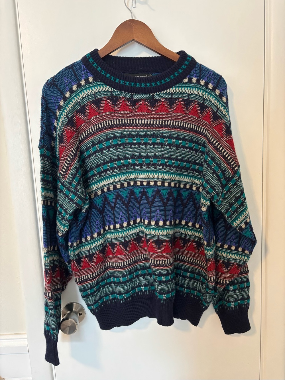 Vintage 80s 90s Botany 500 Knit Sweater Geometric Fair Isle Crewneck Navy Multi
